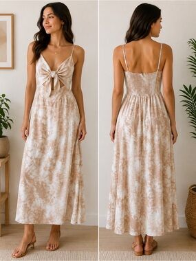 Tie-Front Maxi Dress in Neutral Tie-Dye